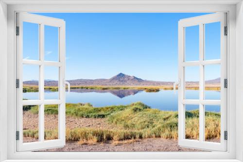 Fototapeta Naklejka Na Ścianę Okno 3D - Tecopa Mountain, Panoramic View, Desert Oasis, Reflection. Death Valley Natl Park, Flawless Water Reflection