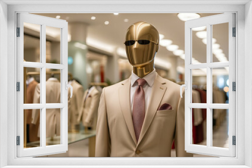 Sophisticated Mall Display: Beige Business Suit on Mannequin, Luxury Fashion