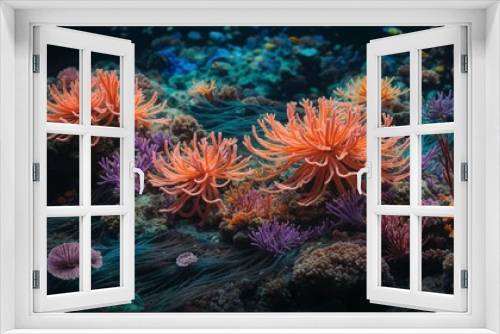 Fototapeta Naklejka Na Ścianę Okno 3D - Luminous Depths: A Tranquil Scene of Bioluminescent Deep-Sea Creatures