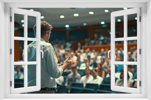 A speaker is lecturing a large audience 