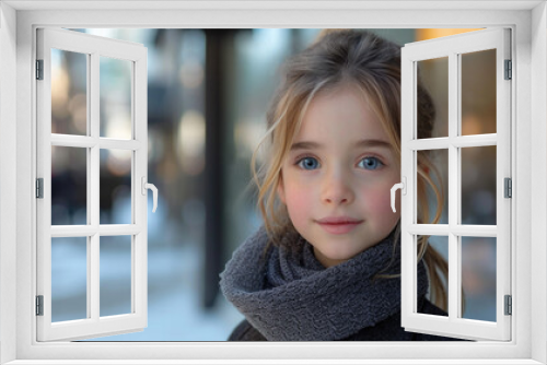 A clean cut young pre-teen female model posing outdoors on a neighborhood street and wearing a dark grey heavy knit sweater.