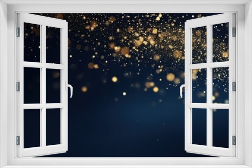 Golden glowing particles or lighting effect sparkle on dark blue for luxury and elegant banner background. Generative AI