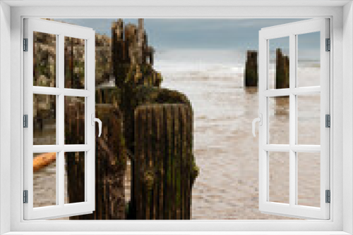 Fototapeta Naklejka Na Ścianę Okno 3D - zniszczone drewniane falochrony na plaży