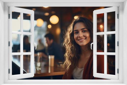 Woman Smiling at Bar, Posing for Camera With Joyful Expression. Generative AI.