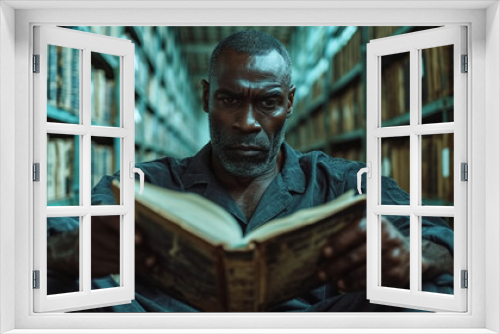 a prisoner reads a book in the prison library