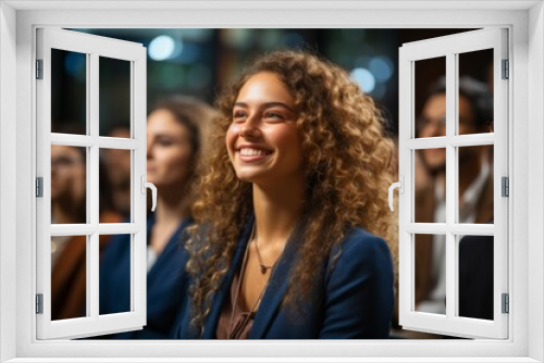 Team of coworkers sharing a joyful moment during a successful project presentation, Generative AI