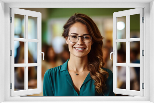 Confident female teacher smiling in a classroom environment, standing as a symbol of educational leadership, knowledge, and academic excellence