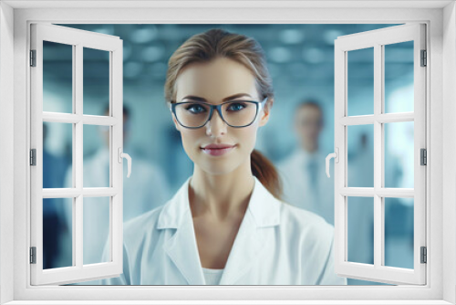 A beautiful young woman scientist wearing white coat and glasses in modern Medical Science Laboratory with Team of Specialists on background.