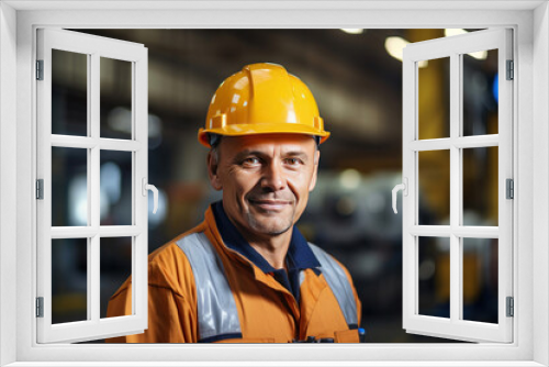 Portrait of Industry maintenance engineer man wearing uniform and safety hard hat on factory station.