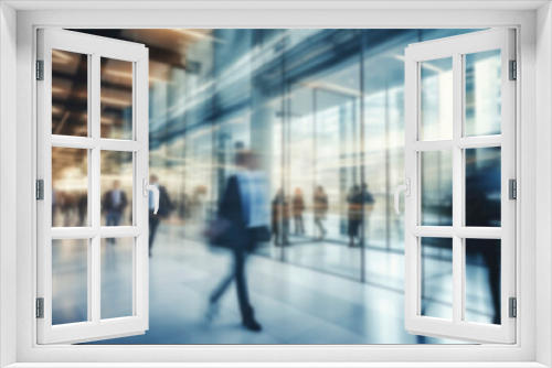 Abstract bokeh background. Blurred background business people in suits walk in hall of modern glass office, corridor of business center, shopping center, bank. Business concept