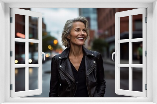 Portrait of a grinning woman in her 50s sporting a stylish leather blazer against a busy urban street. AI Generation