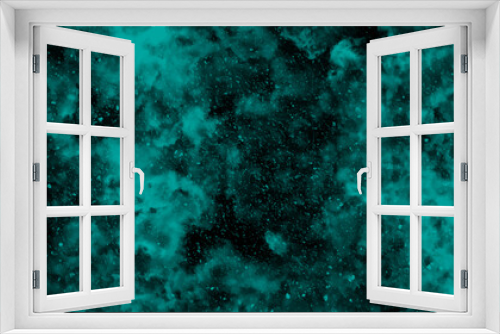 Fototapeta Naklejka Na Ścianę Okno 3D - Abstract dynamic particles with soft blue clouds on dark background. Defocused Lights and Dust Particles. Watercolor wash aqua painted texture grungy design.