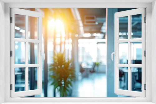 Beautiful blurred background of a light modern office interior with panoramic windows and beautiful lighting.Generative AI
