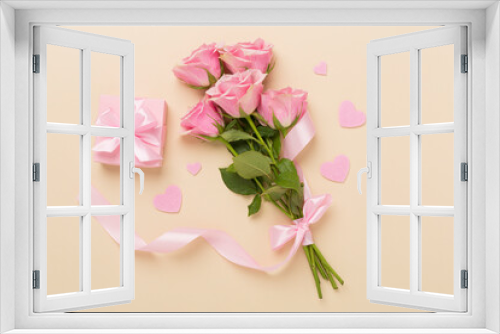Fototapeta Naklejka Na Ścianę Okno 3D - Pink roses with hearts and gift box on color background, top view. Valentines day concept