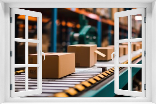 Warehouse with boxes, packed goods. Warehouse concept for international parcel delivery.