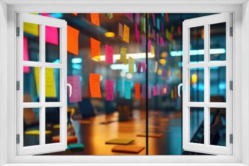 Colorful sticky notes on glass of meeting room