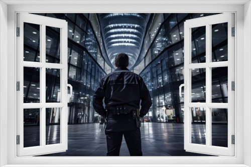 A security officer patrolling a corporate building's premises.