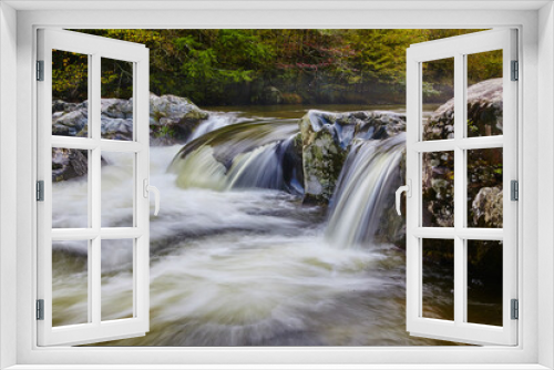 Fototapeta Naklejka Na Ścianę Okno 3D - Serene Forest Waterfall in Autumn - Silky Water Flow Perspective