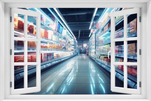 Photo of a supermarket selling various kinds of products with bright light and blur effect. generative AI