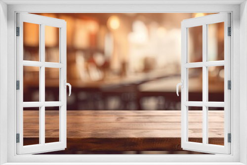 Blurred coffee shop backdrop with an empty wooden table.