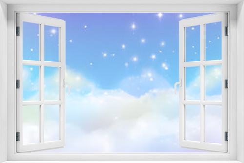 Illustration of pastel sky with stars and soft clouds.