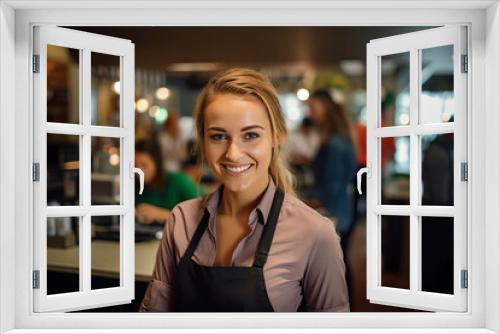 Smiling, young and attractive saleswoman, cashier serving customers