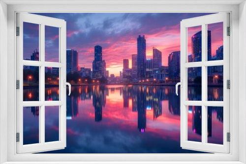 Sunset Silhouettes: Reflective Cityscape at Twilight