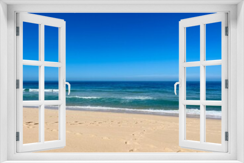 Fototapeta Naklejka Na Ścianę Okno 3D - Blue seascape, sandy sea coastline, empty wild beach, pure blue sky, sea horizon