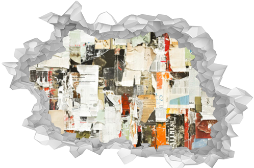Small torn newspaper pieces arranged on a virtual canvas