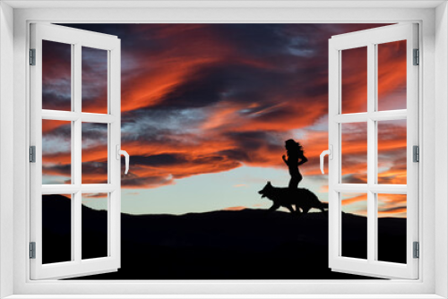 Fototapeta Naklejka Na Ścianę Okno 3D - Silhouette of a woman running with dog in the landscape at sunset. Nature and sport.