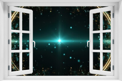 Turquoise glitter circle of light shine sparkles and copper spark particles in circle frame
