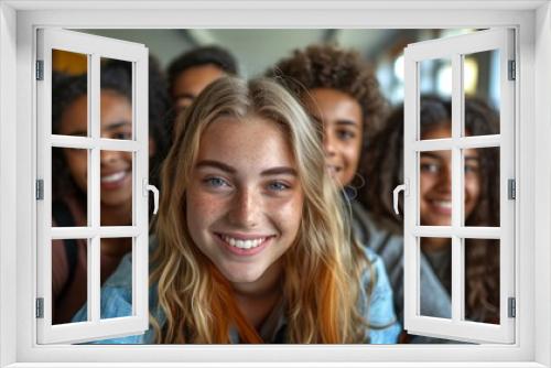 Close-up of jubilant female college students taking selfies in a classroom during a break from their studies. They are capturing joyful moments with bright smiles and genuine happiness.