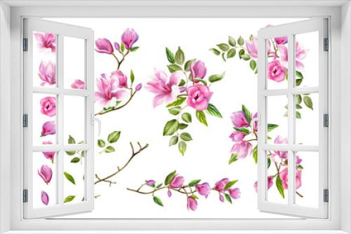 Fototapeta Naklejka Na Ścianę Okno 3D - Watercolor floral illustration with blooming pink magnolia flowers and branches isolated on transparent background. Spring flowers for invitation, wedding or greeting cards.	