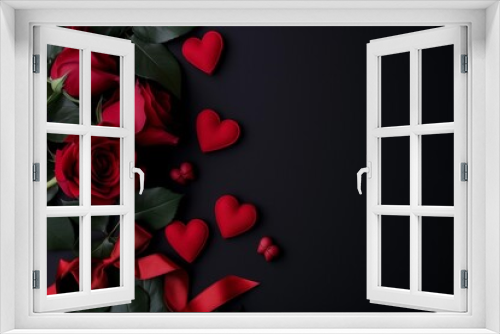 Romantic Red Roses and Heart Decorations on Dark Background