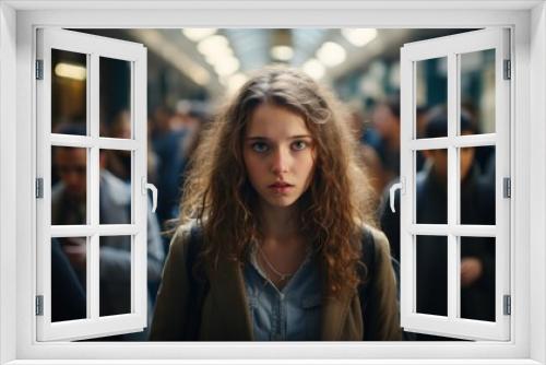 Portrait of a beautiful young woman with long curly hair in the subway Generative AI