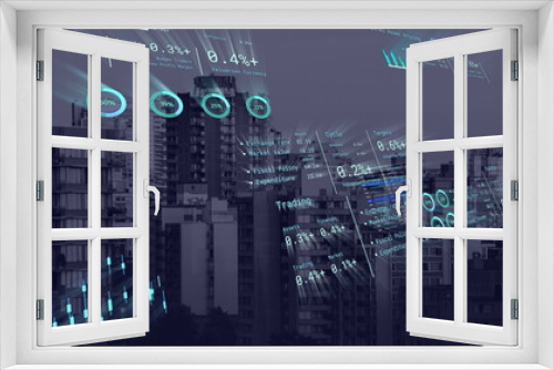 Image of financial data processing over cityscape