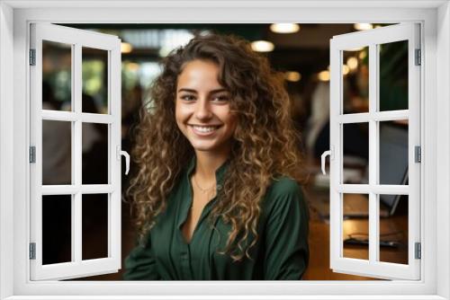 smiling woman using a laptop, in the style of object portraiture specialist