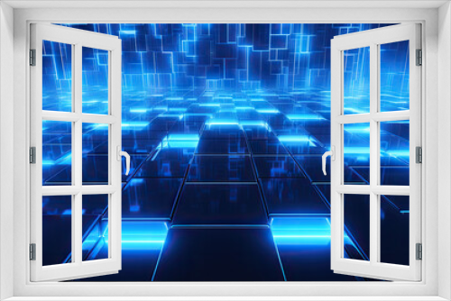 abstract technology background with blue glowing lines and grid, 3d render