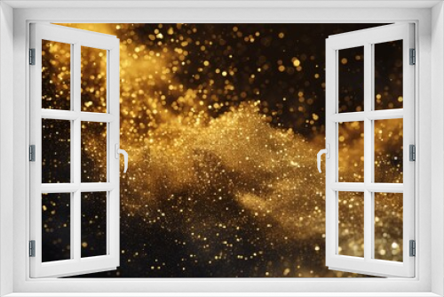A dynamic explosion of golden glitter and dust, set against a stark black backdrop, evoking a celestial celebration