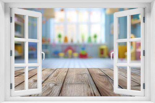 An unoccupied wooden table against a blurry backdrop of a child's playroom with toys, used for showcasing products.
