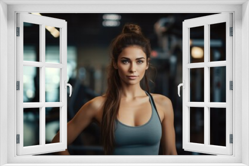 A confident woman stands in a well-equipped gym with her hands on her hips, exuding strength and determination, Portrait of beautiful woman working out at gym, AI Generated