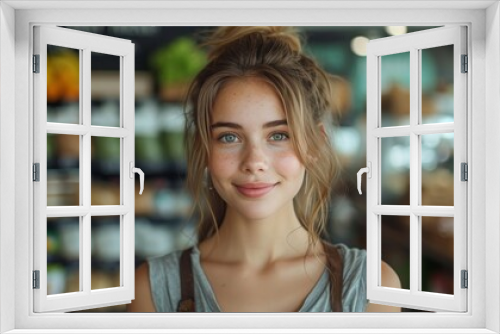 A young woman stands confidently in a store, her hair styled perfectly as she smiles at the camera, radiating warmth and happiness