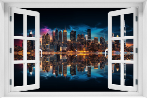 Neon-lit city skyline reflected in a glassy and reflective surface