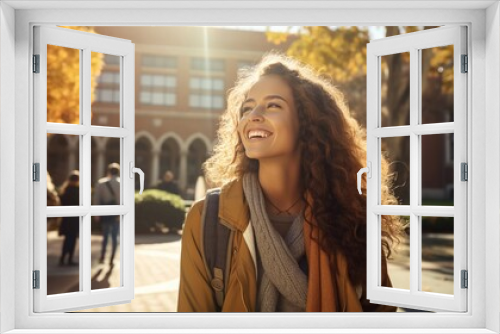 Captivating close-up of a smiling young girl enjoying a sunny day while walking through the scenic pathways of her college campus