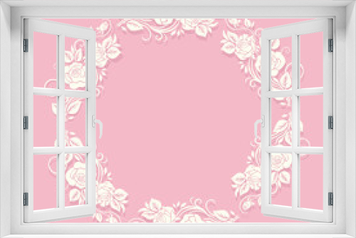 Fototapeta Naklejka Na Ścianę Okno 3D - A wreath of roses. Silhouette of white roses on a pink background. Retro ornament. Suitable for romantic cards and valentine's day, and themes related to romantic holidays and events.
