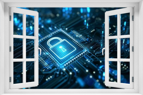 Glowing security lock on intricate circuit board highlighting cybersecurity
