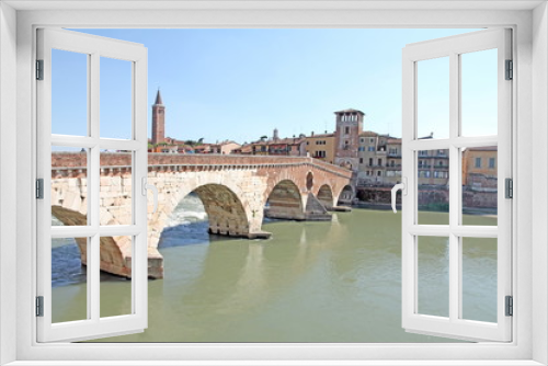 Fototapeta Naklejka Na Ścianę Okno 3D - Ponte Pietra Bridge over the Etsch-River Verona Veneto Italy