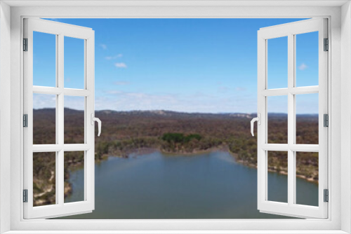 Fototapeta Naklejka Na Ścianę Okno 3D - Aerial view of Crusoe Reservoir in Bendigo, Victoria, Australia is a popular destination for cycling, swimming, walking, jogging and fishing, the image in panorama.