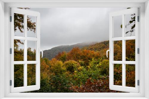 Fototapeta Naklejka Na Ścianę Okno 3D - view of the autumn misty mountain panorama