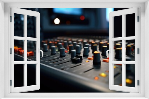 Close up view of a mixing board with various knobs and controls. Ideal for illustrating music production, audio engineering, or sound mixing concepts